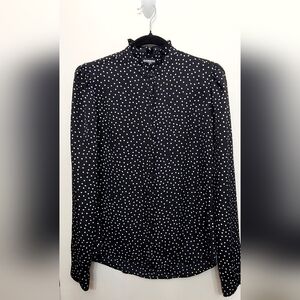 EXPRESS Ruffle Neck Portofino Shirt Size Small Black and White Polka Dots